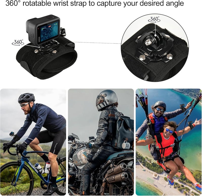 GOLRTRAL مجموعة ملحقات 3 في 1 لجهاز GoPro Hero 13 12 11 10 9 8 7 6 5 4 3 بلاك، حزام تثبيت على الصدر/حزام رأس/حزام معصم دوار 360°، مجموعة ملحقات مرنة قابلة للتعديل - Image 4
